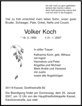 Todesanzeige von Volker Koch von HNA