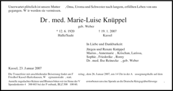 Todesanzeige von Marie-Luise Knüppel von HNA