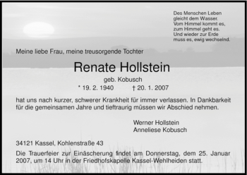 Todesanzeige von Renate Hollstein von HNA