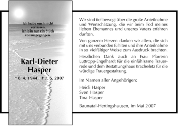 Todesanzeige von Karl-Dieter Hasper von HNA
