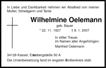 Todesanzeige von Wilhelmine Oelemann von HNA