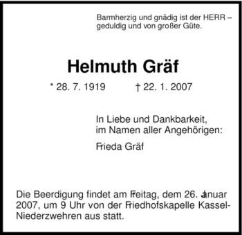 Todesanzeige von Helmuth Graef von HNA