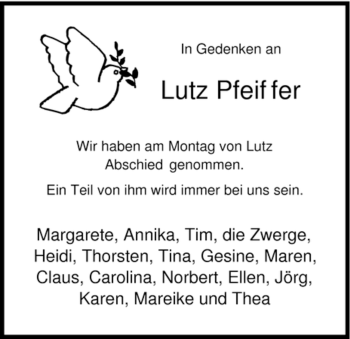 Todesanzeige von Lutz Pfeiffer von HNA