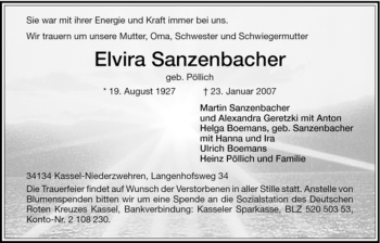 Todesanzeige von Elvira Sanzenbacher von HNA