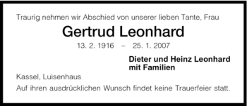 Todesanzeige von Leonhard Gertrud von HNA