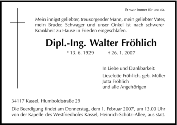 Todesanzeige von Walter Froehlich von HNA