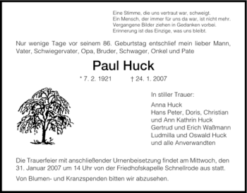 Todesanzeige von Paul Huck von HNA