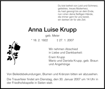 Todesanzeige von Anna Luise von HNA