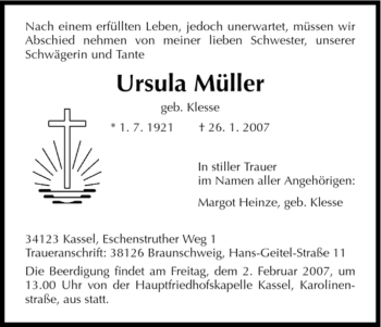 Todesanzeige von Ursula Mueller von HNA