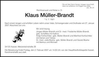 Todesanzeige von Klaus Mueller-Brandt von HNA