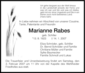 Todesanzeige von Marianne Rabes von HNA