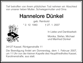 Todesanzeige von Hannelore Duenkel von HNA