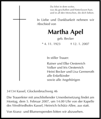 Todesanzeige von Martha Apel von HNA