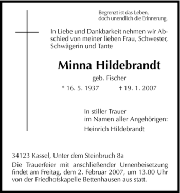 Todesanzeige von Minna Hildebrandt von HNA