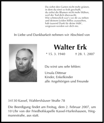 Todesanzeige von Walter Erk von HNA