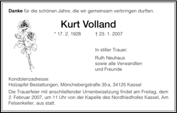 Todesanzeige von Kurt Volland von HNA