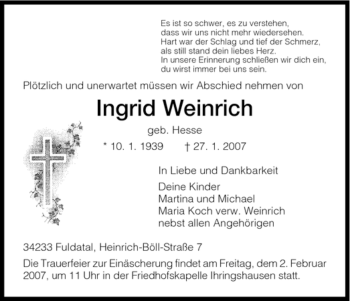 Todesanzeige von Ingrid Weinrich von HNA