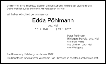 Todesanzeige von Edda Poehlmann von HNA