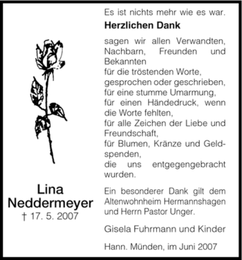 Todesanzeige von Lina Neddermeyer von HNA