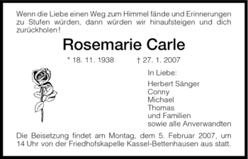 Todesanzeige von Rosemarie Carle von HNA