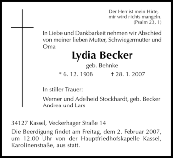 Todesanzeige von Lydia Becker von HNA