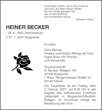 Todesanzeige von Heiner Becker von HNA