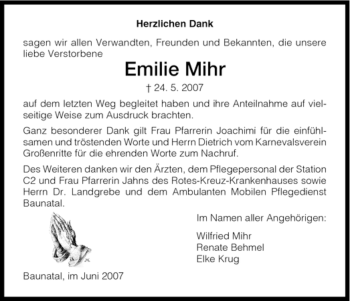 Todesanzeige von Emilie Mihr von HNA