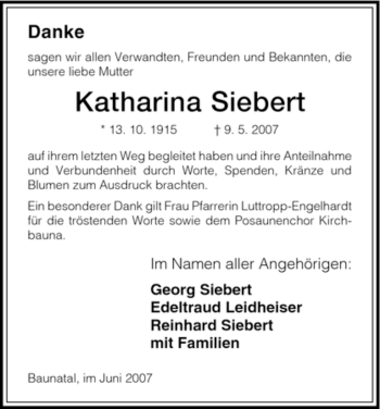 Todesanzeige von Katharina Siebert von HNA