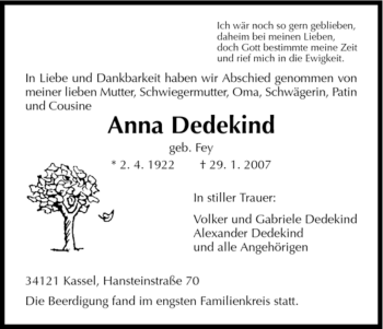 Todesanzeige von Anna Dedekind von HNA