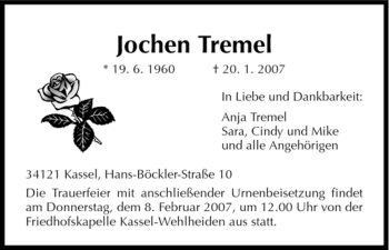 Todesanzeige von Jochen Tremel von HNA