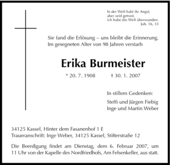 Todesanzeige von Erika Burmeister von HNA