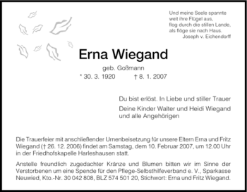 Todesanzeige von Erna Wiegand von HNA