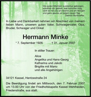 Todesanzeige von Hermann Minke von HNA