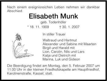 Todesanzeige von Elisabeth Munk von HNA