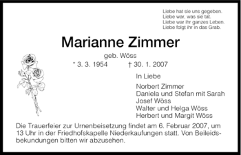 Todesanzeige von Marianne Zimmer von HNA