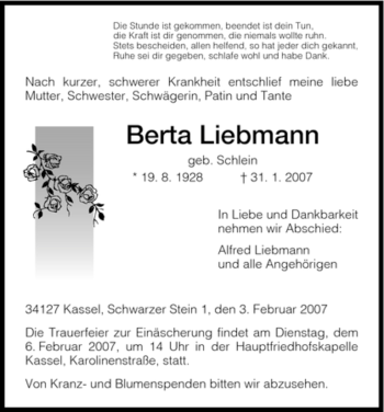 Todesanzeige von Berta Liebmann von HNA