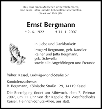 Todesanzeige von Ernst Bergmann von HNA