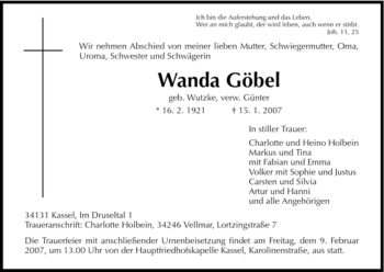 Todesanzeige von Wanda Goebel von HNA