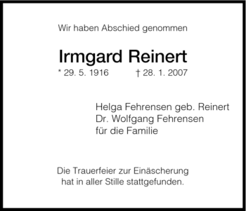 Todesanzeige von Irmgard Reinert von HNA