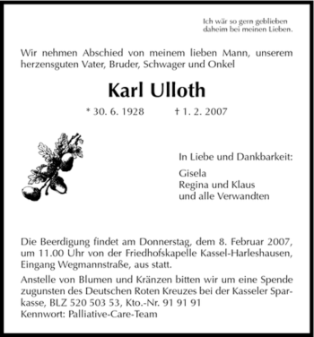 Todesanzeige von Karl Uloth von HNA