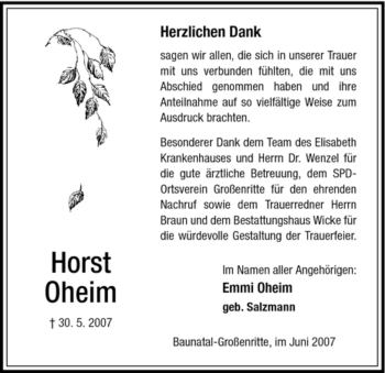 Todesanzeige von Horst Oheim von HNA