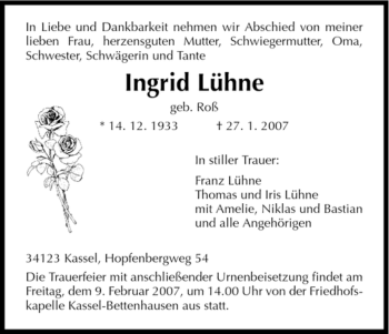 Todesanzeige von Ingrid Luehne von HNA