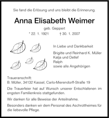 Todesanzeige von Anna Elisabeth Weimer von HNA