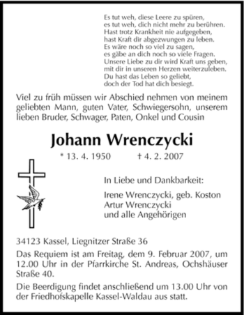 Todesanzeige von Johann Wrenczycki von HNA