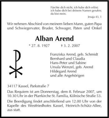 Todesanzeige von Alban Arend von HNA