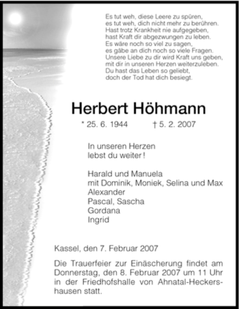 Todesanzeige von Herbert Hoehmann von HNA