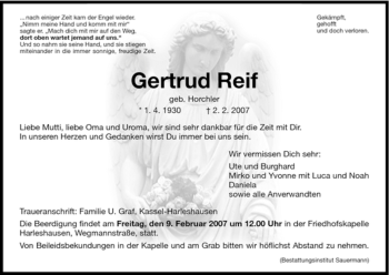 Todesanzeige von Gertrud Reif von HNA