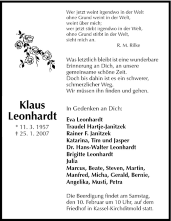 Todesanzeige von Klaus Leonhardt von HNA