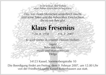 Todesanzeige von Klaus Fresenius von HNA