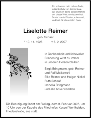 Todesanzeige von Liselotte Reimer von HNA